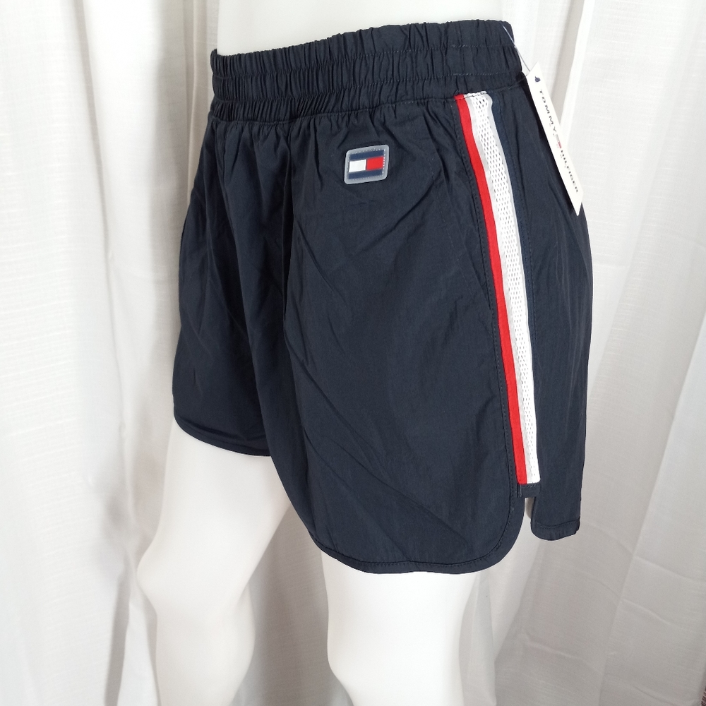 TOMMY HILFIGER Navy with Side Stripe Pull-On Nylon Athletic Shorts NWT S…